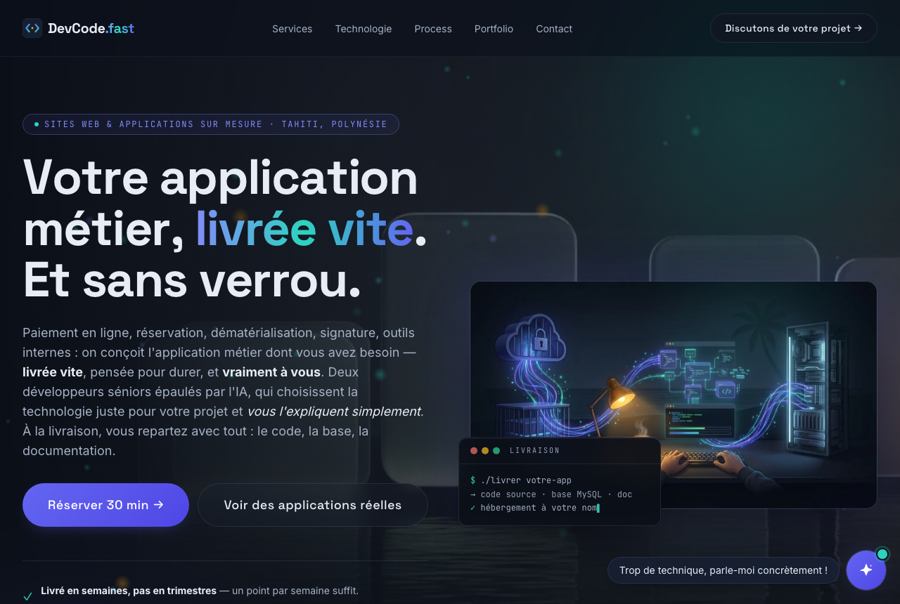 La page d'accueil de DevCode.fast : applications métier sur mesure à Tahiti